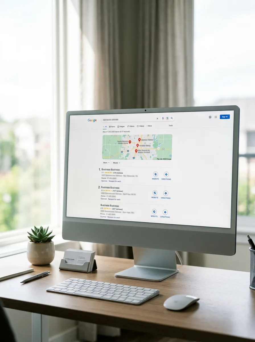 Desktop monitor showing Google Local Pack search results
