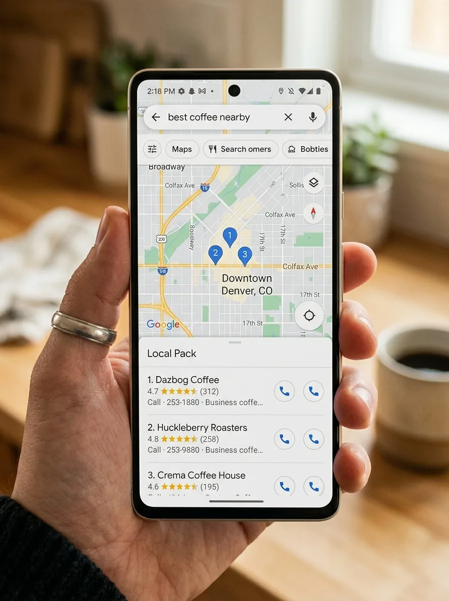 Hand holding smartphone showing Google Maps Local Pack results