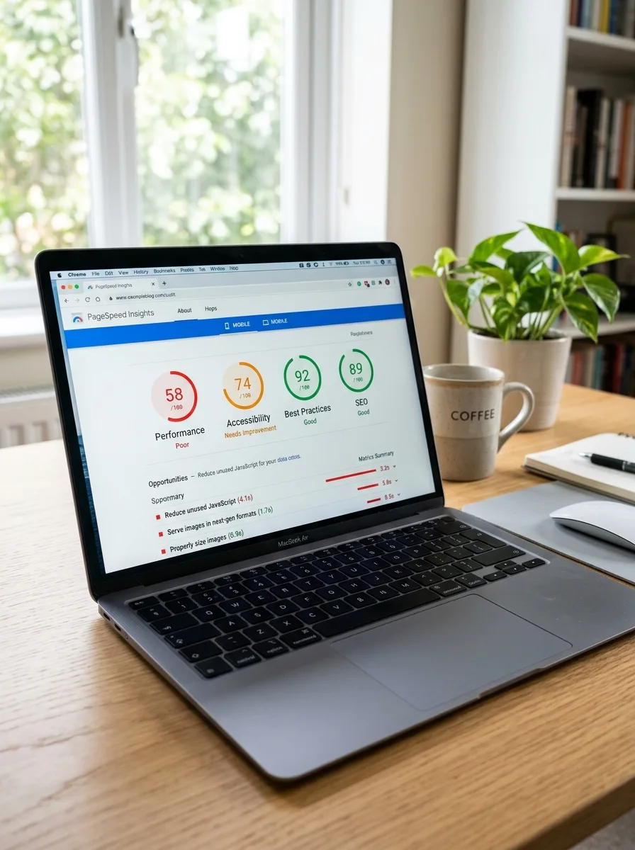 Laptop screen showing PageSpeed Insights performance audit with low scores
