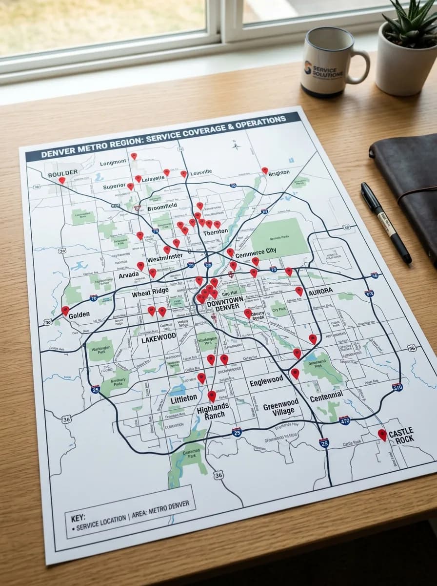 Printed map of a metro area with service territory pins marking coverage zones