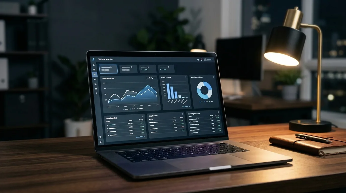 SEO analytics dashboard on laptop showing website traffic charts and visitor segmentation data